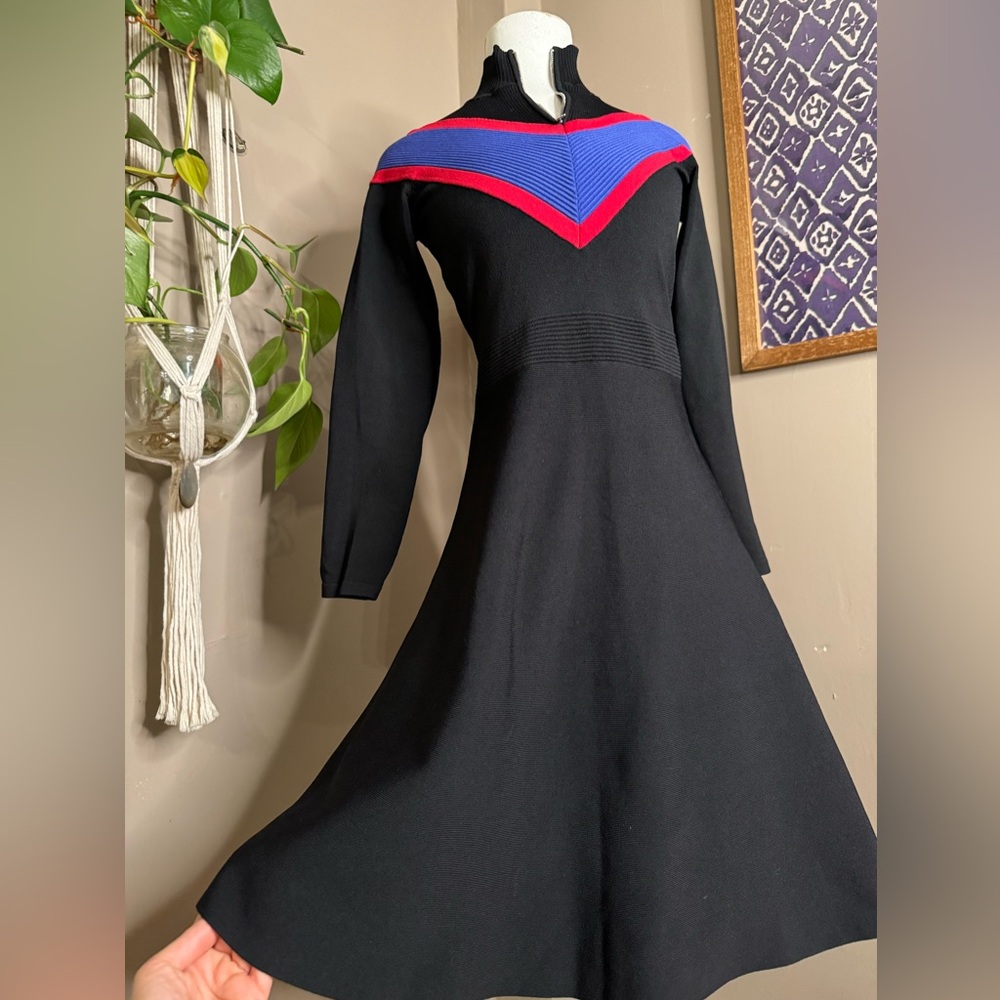 Sandro Knit Blue/Red Zip‎ Neck Long Sleeve Dress Sz S-M - Picture 4 of 11